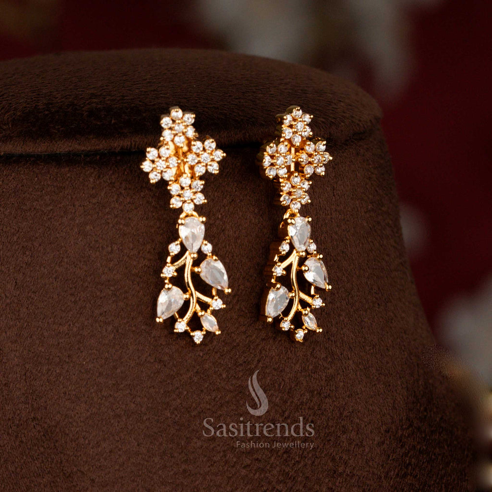Luminous micro gold American diamond vine style earrings in white tone ideal for celebrations and traditional attire – Sasitrends
