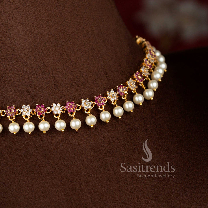 Alluring micro gold plated AD star floral necklace in white-ruby tones with delicate pearl drops, 24K finish – Sasitrends