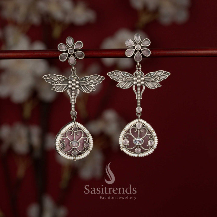 Beautiful Antique Oxidised 6-Petal Floral Dragonfly Wings Teardrop Earrings with Pearl Accents for Navarathri Wear - Sasitrends