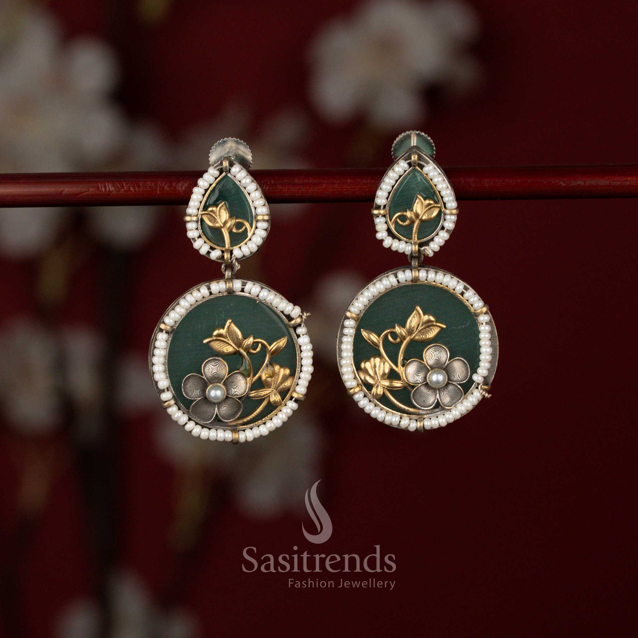 Radiant oxidised floral motif earrings framed with pearls and mint accents suited for casual wear, daily outfits and graceful looks – Sasitrends