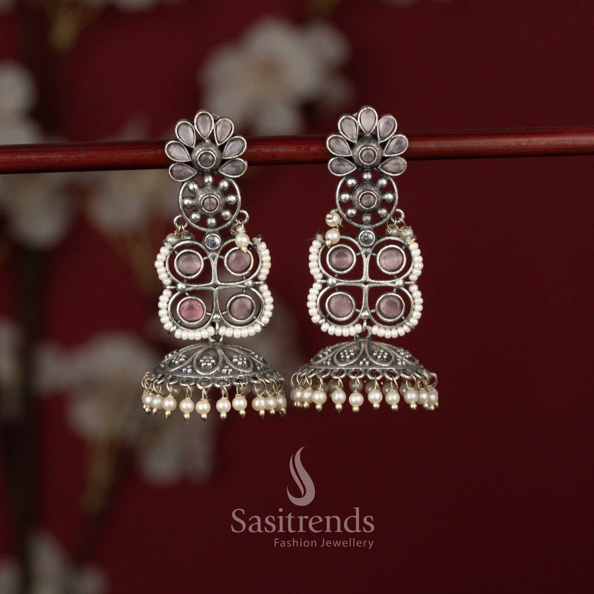 Elegant oxidised fusion design jhumka earrings with pink stone accents and pearl drops perfect for festivals and family occasions – Sasitrends