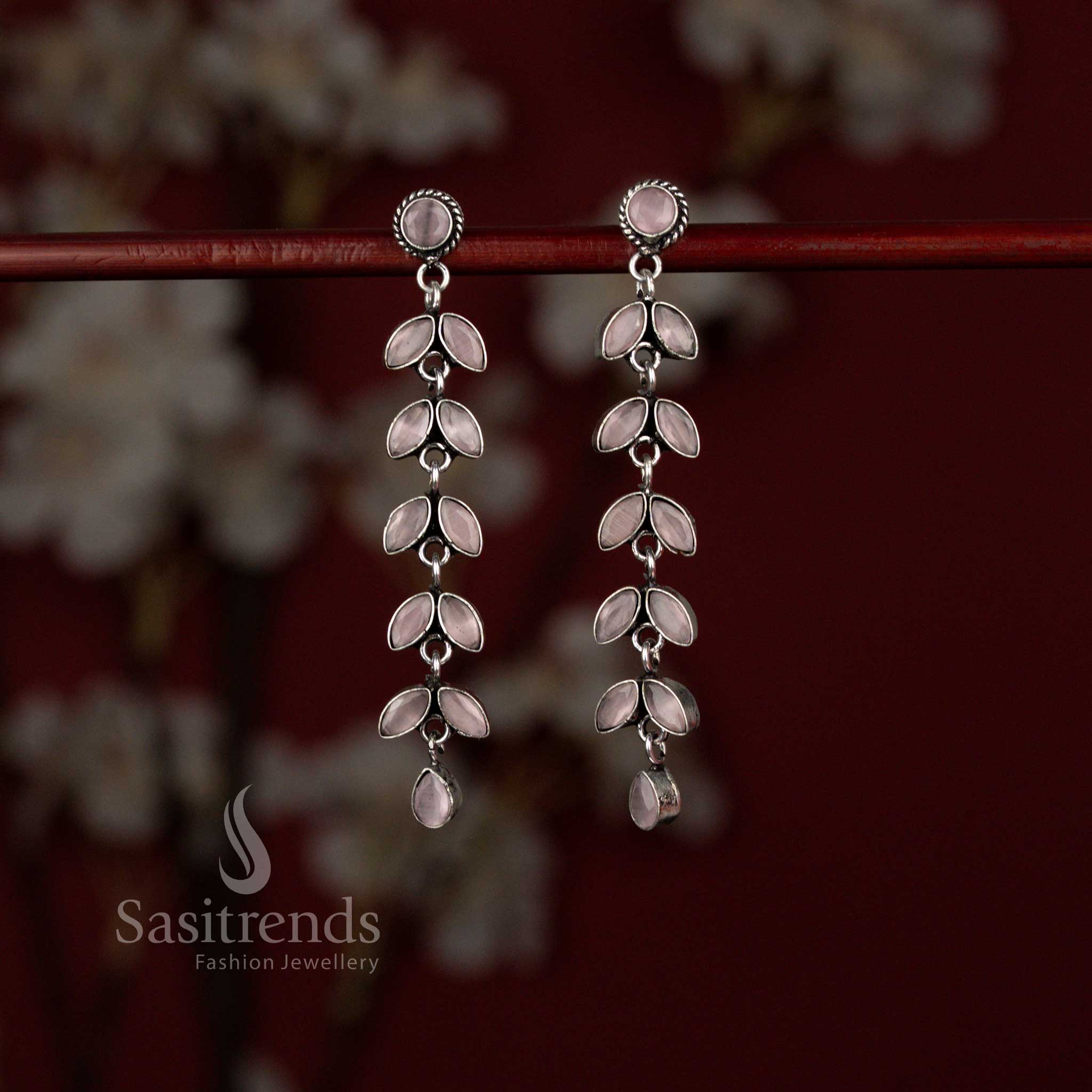 Delightful oxidised linear drop earrings featuring soft pink tone perfect for kurtis and ethnic dressing – Sasitrends
