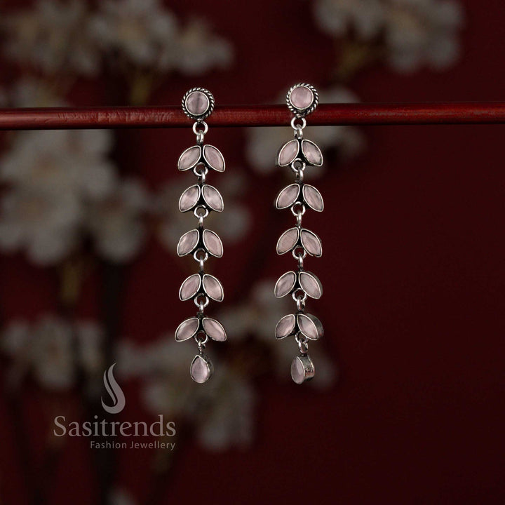 Delightful oxidised linear drop earrings featuring soft pink tone perfect for kurtis and ethnic dressing – Sasitrends