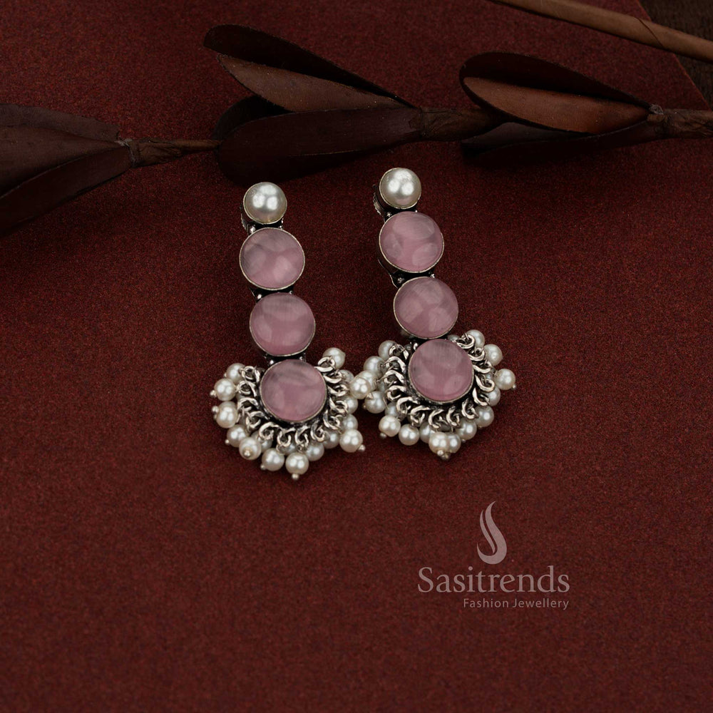 Graceful oxidised silver 3 tier round stone with pearl drop earrings pink ideal for professional settings, office dressing and subtle casual elegance – Sasitrends