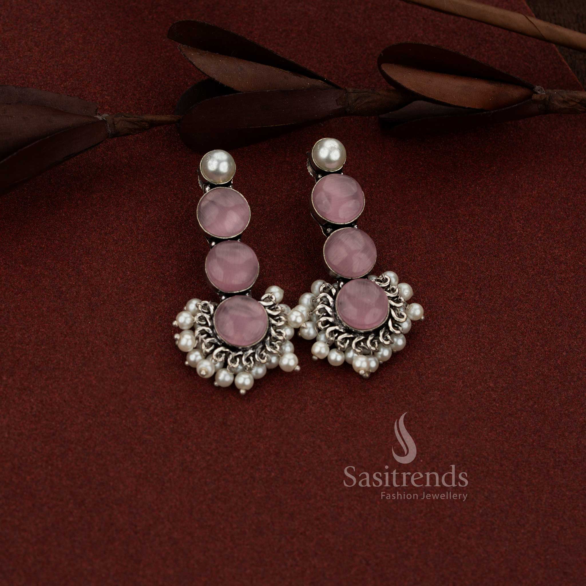 Graceful oxidised silver 3 tier round stone with pearl drop earrings pink ideal for professional settings, office dressing and subtle casual elegance – Sasitrends