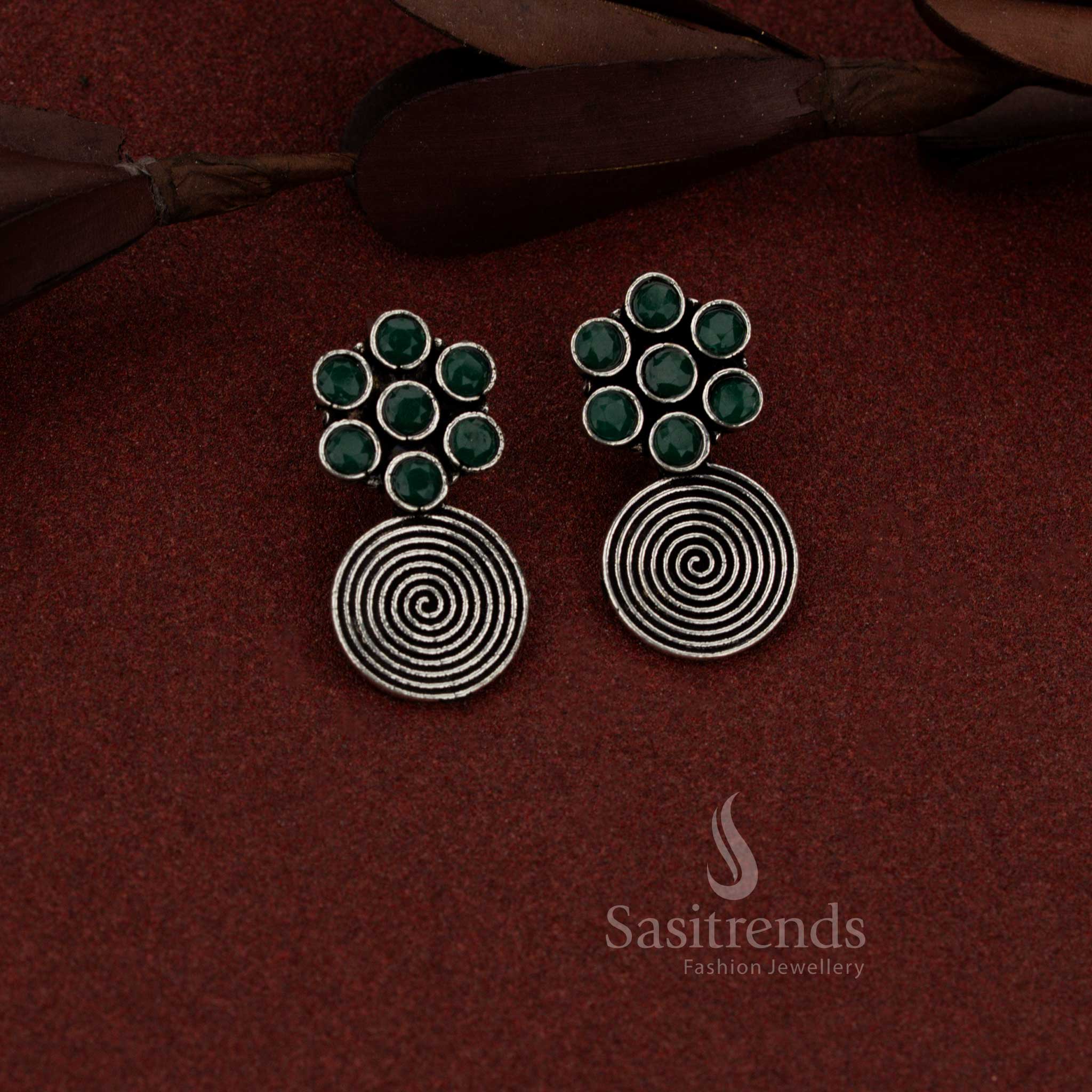 Stunning oxidised spiral bloom drop earrings with green touch great for shopping trips and friendly meets – Sasitrends