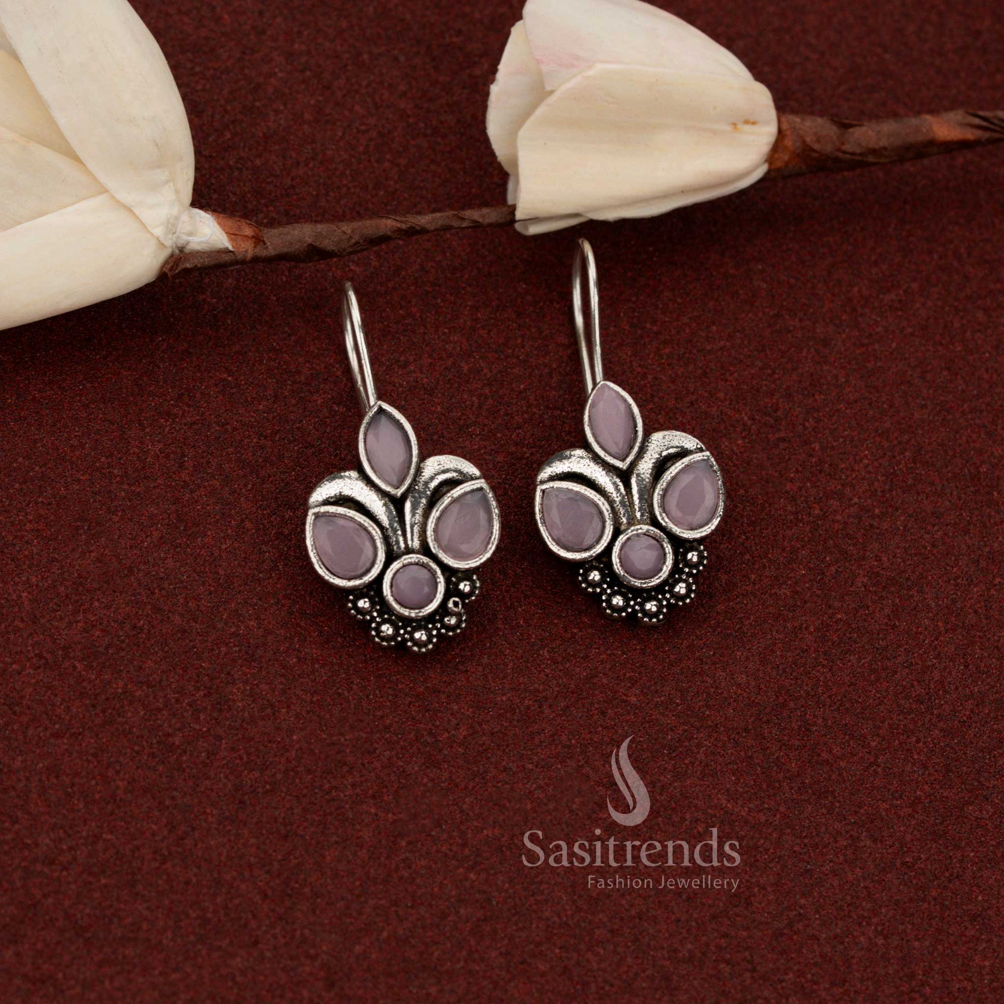 Delightful oxidised triple flower drop earrings with pink accents perfect for casual brunch wear – Sasitrends