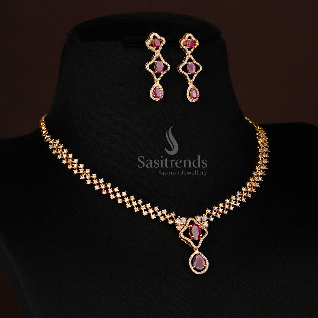Grand white-ruby micro gold plated necklace set with floral linked pendant, embellished with American Diamond stones for an elegant festive look - Sasitrends