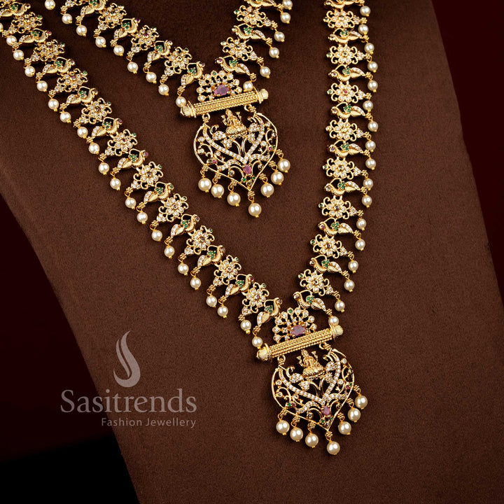 Bridal temple matte gold plated Lakshmi peacock floral necklace with multi American diamond stone work – Sasitrends