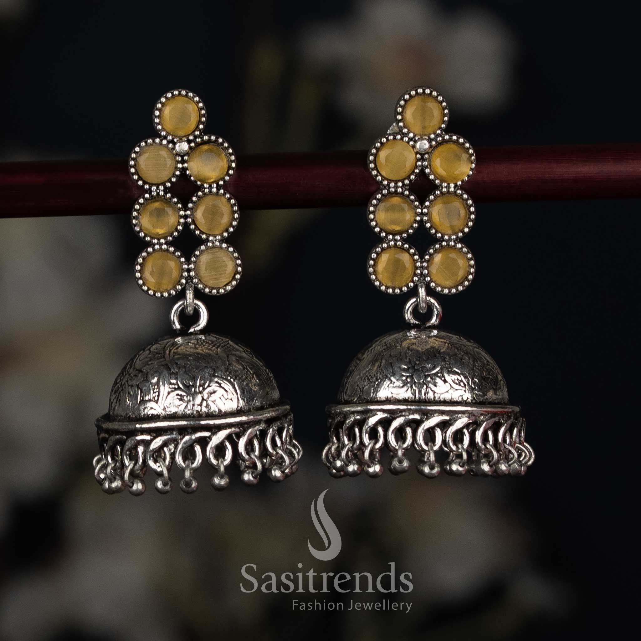 Vibrant oxidised round stone jhumka earrings yellow colour for folk festivals Sasitrends