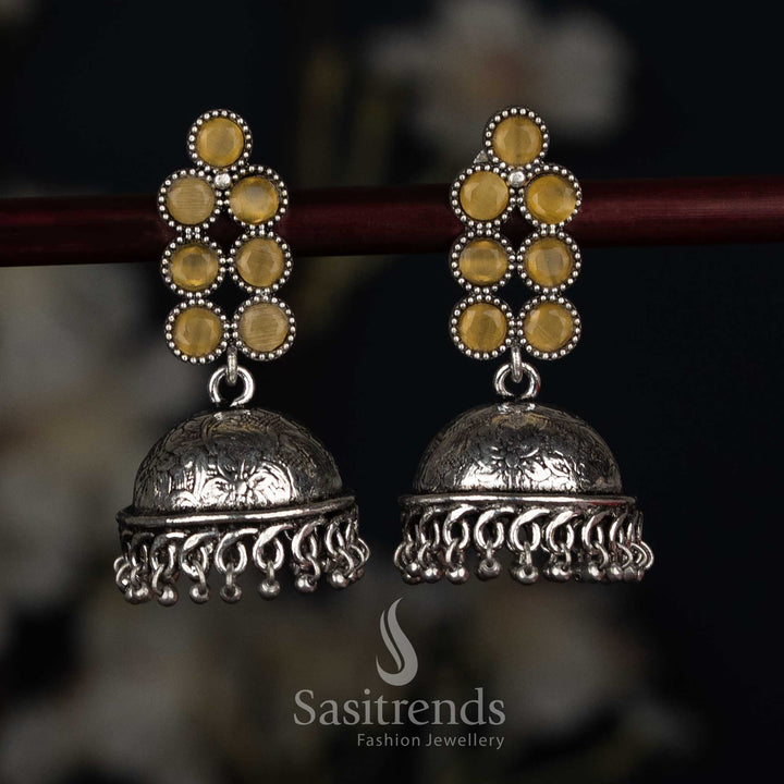 Vibrant oxidised round stone jhumka earrings yellow colour for folk festivals Sasitrends