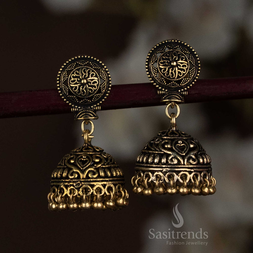 Elegant Antique Gold Heart Motif Jhumka Earrings With A Carved Dome And Ornate Beaded Drop Silhouette, Creating A Refined Statement With Romantic Accents – Sasitrends