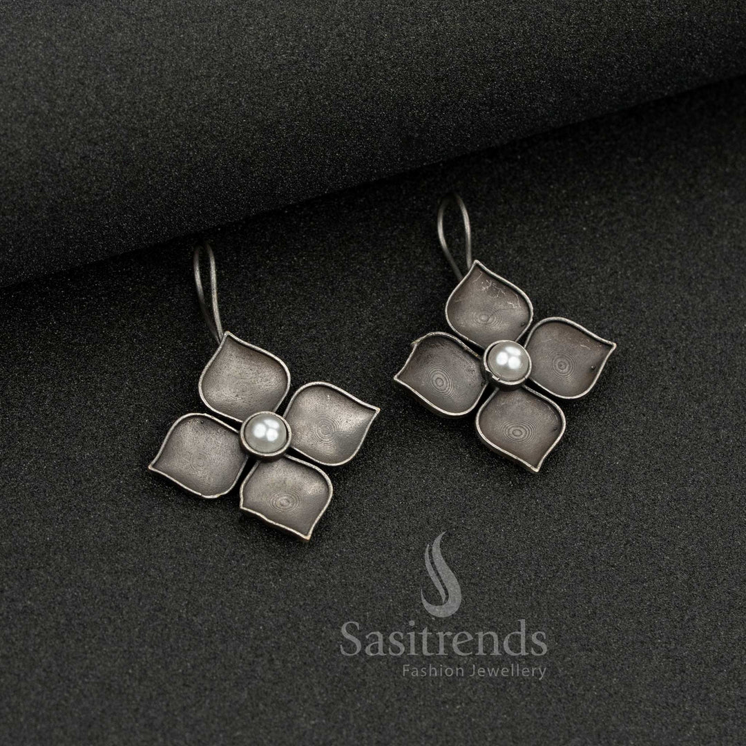 Stunning antique oxidised silver floral petal earrings featuring a central pearl bead – a subtle and elegant accessory for daily and office wear – Sasitrends