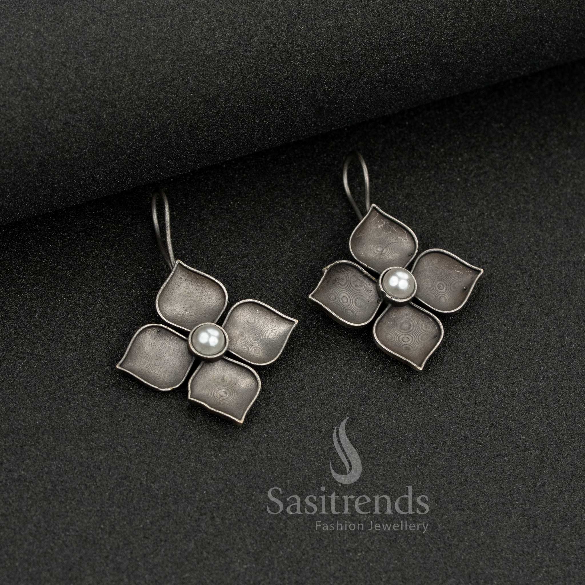 Stunning antique oxidised silver floral petal earrings featuring a central pearl bead – a subtle and elegant accessory for daily and office wear – Sasitrends