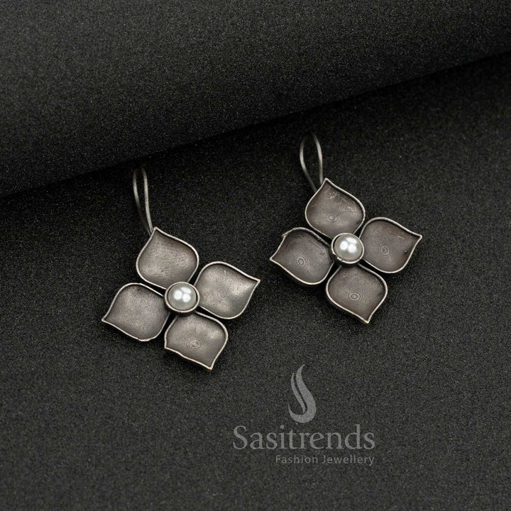 Stunning Antique Office wear Oxidised Silver Floral Petal Earrings with Central Pearl Bead | Sasitrends