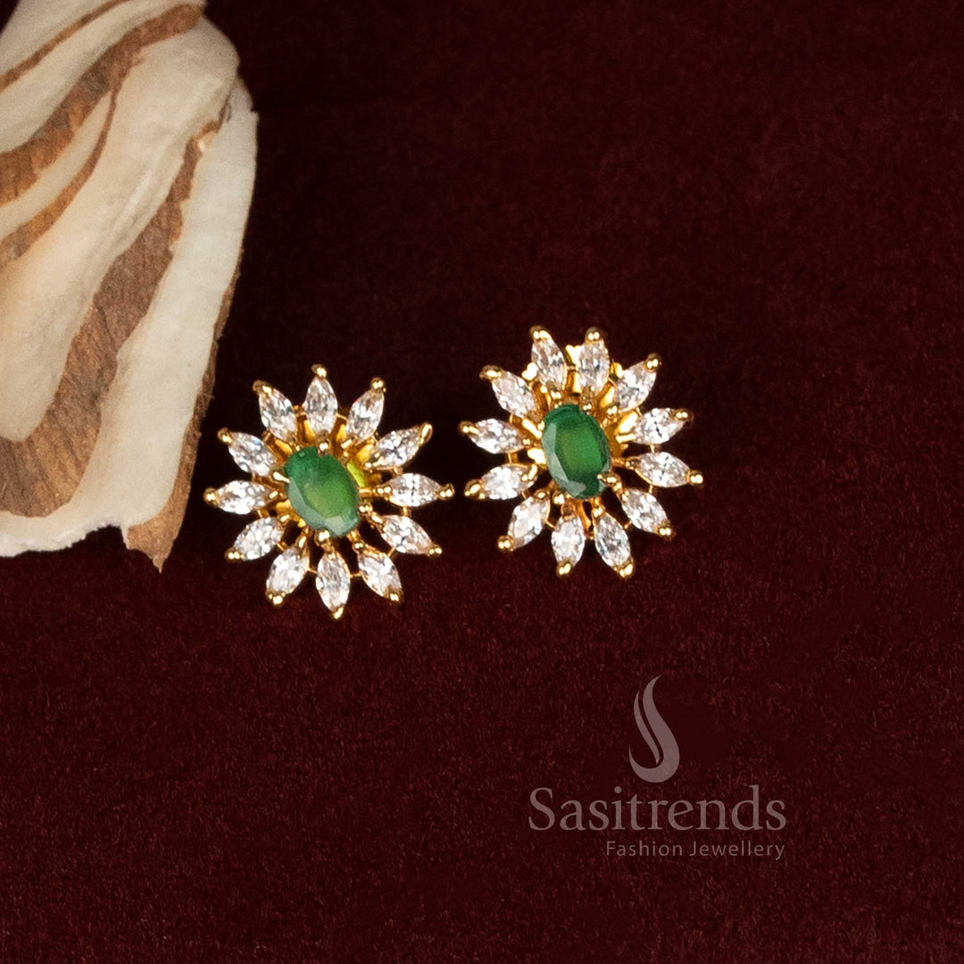 Elegant Green Stone Flower Motif Stud Earrings With American Diamond Accents And Micro Gold Tone Finish – Stylish Ethnic Jewellery For Festive Outfits – Sasitrends