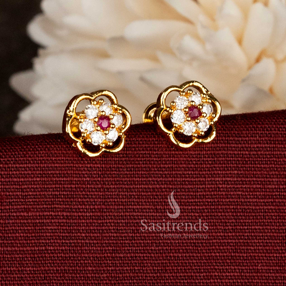 Elegant micro gold plated white ruby AD scalloped floral cluster screw studs offering bright contrast, stylish shine and refined daily elegance effortlessly – Sasitrends