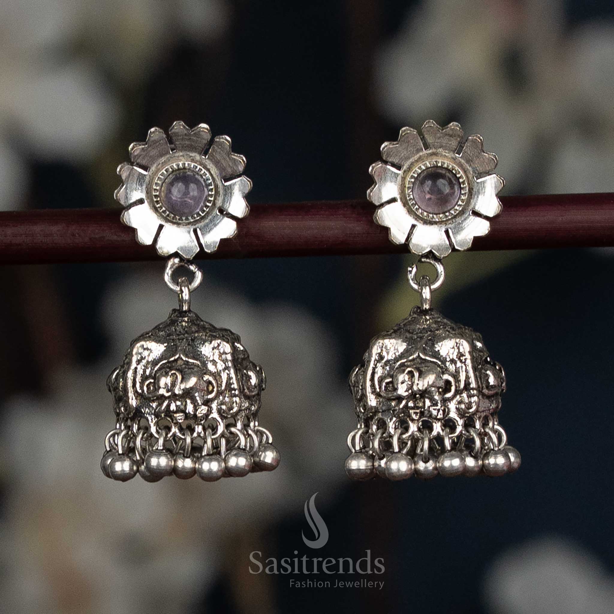 Elegant Oxidised Silver Jhumka Earrings Featuring Floral Studs, Elephant Carvings, And Violet Bead Fringe Designed For Women’s Ethnic Wear And Grand Occasions – Sasitrends