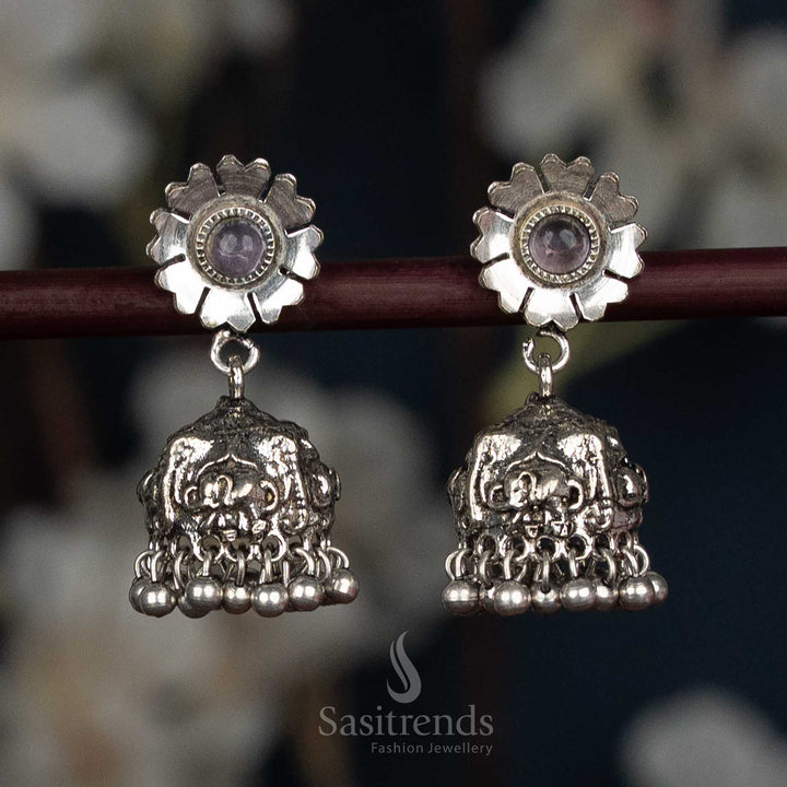 Elegant Oxidised Silver Jhumka Earrings Featuring Floral Studs, Elephant Carvings, And Violet Bead Fringe Designed For Women’s Ethnic Wear And Grand Occasions – Sasitrends