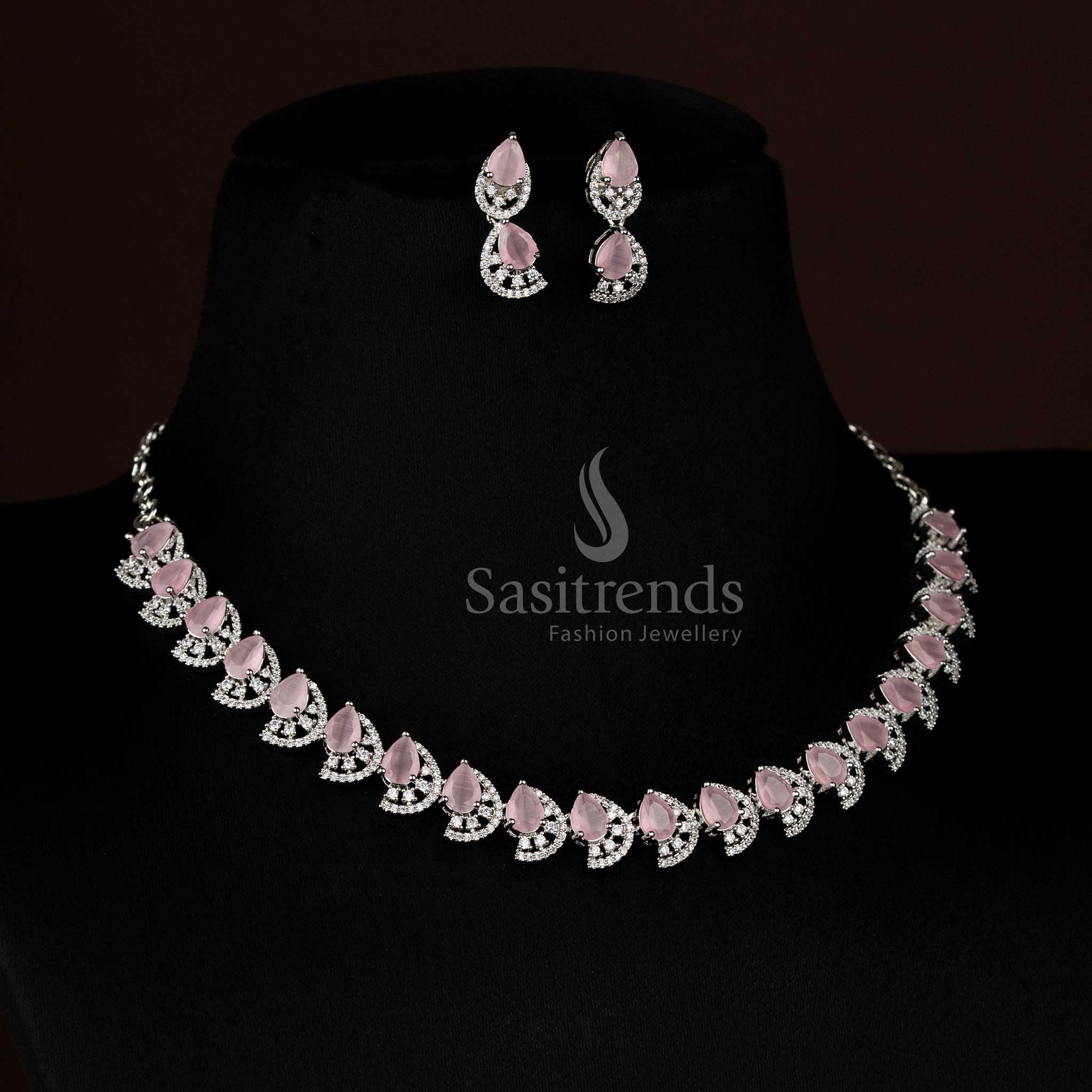 Radiant pink rhodium silver dual tone infinity pendant necklace jewellery set for fashion-forward wearers - Sasitrends