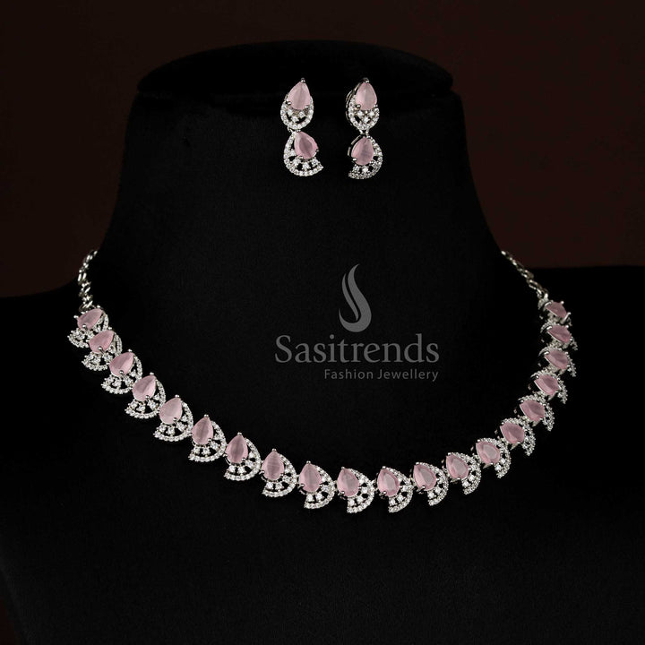 Radiant pink rhodium silver dual tone infinity pendant necklace jewellery set for fashion-forward wearers - Sasitrends