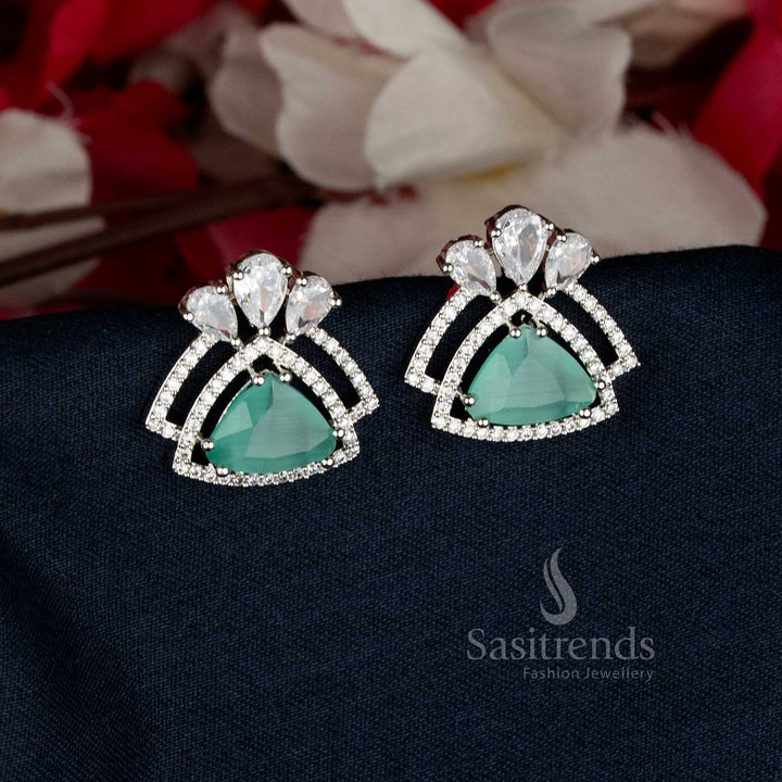 Elegant Mint Rhodium Silver Triangular AD Stud Earrings featuring glossy gemstone, perfect for festive and party wear — Sasitrends
