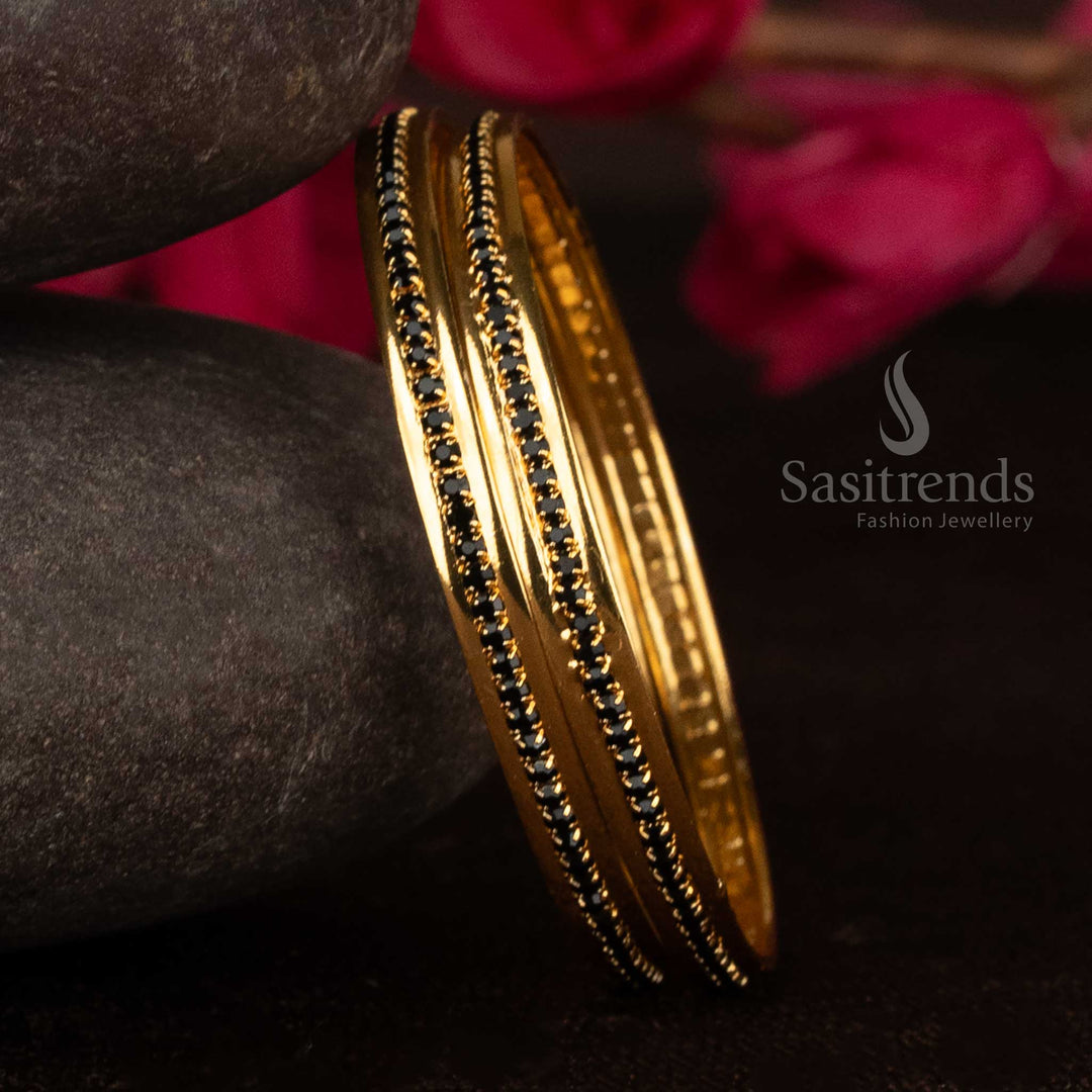 Elegant Micro Gold Plated Single Line Bangles Pair With Sparkling Black Stones And Minimalist Traditional Design – Subtle Heritage Style Jewellery For Everyday And Festive Looks – Sasitrends