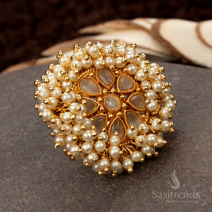 Modern and graceful antique gold finish designer statement ring, featuring a subtle grey American Diamond stone floral pearl cluster for a versatile jewellery look - Sasitrends
