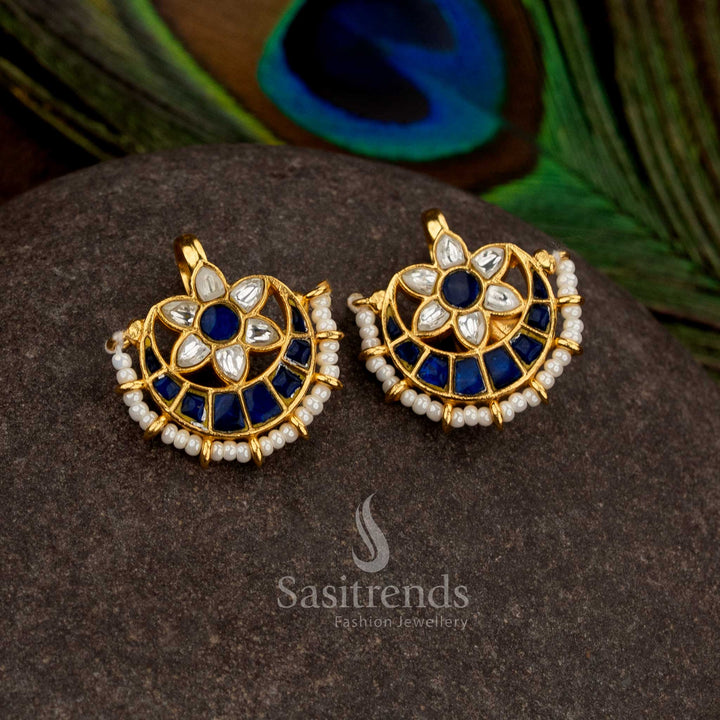 Graceful blue white jadau floral bugadi earrings with kundan AD stones pearls for pooja wear - Sasitrends