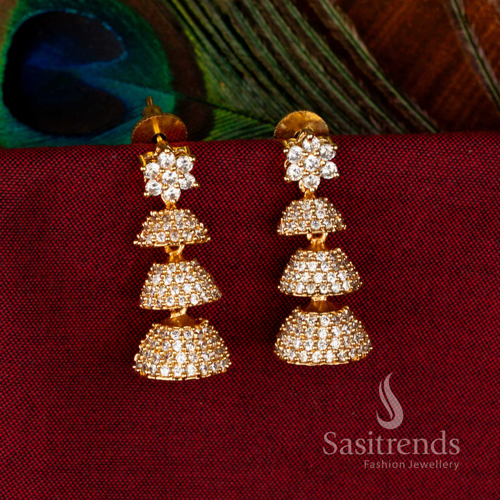 Beautiful American Diamond Gold Plated Brass Traditional Triple-Layer Jhumka Earrings