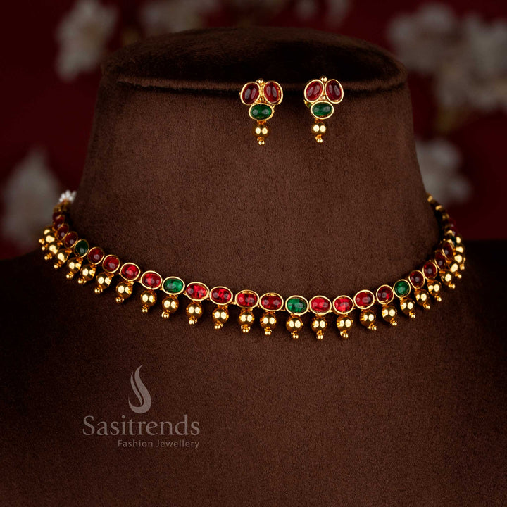 Grand classic antique red-green Mullapoo temple necklace set with decorative golden accents for celebration dressing – Sasitrends
