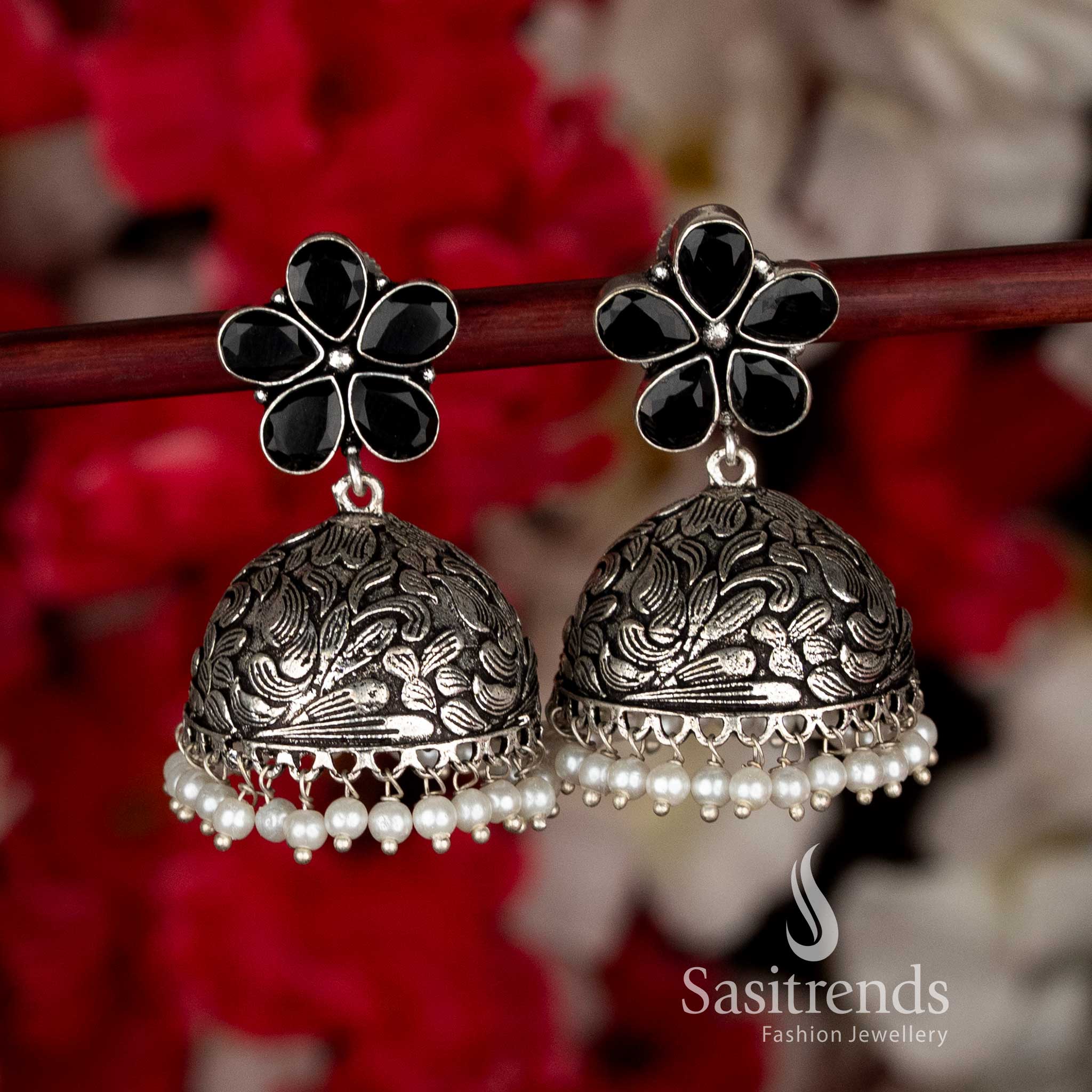 Bold Black Party Oxidised Floral Jhumka Earrings with Pearl Drops, Designed for Ethnic Black Saree Navaratri Celebrations-Sasitrends