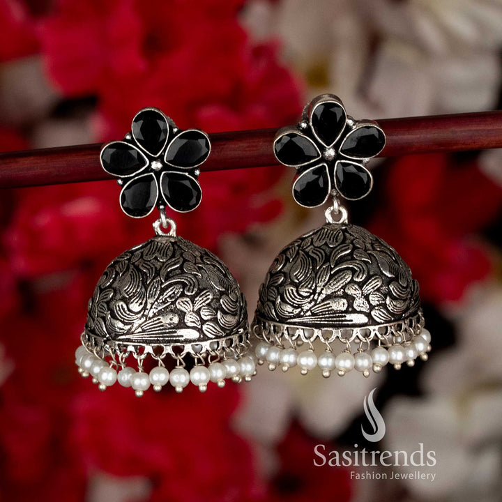 Bold Black Party Oxidised Floral Jhumka Earrings with Pearl Drops, Designed for Ethnic Black Saree Navaratri Celebrations-Sasitrends