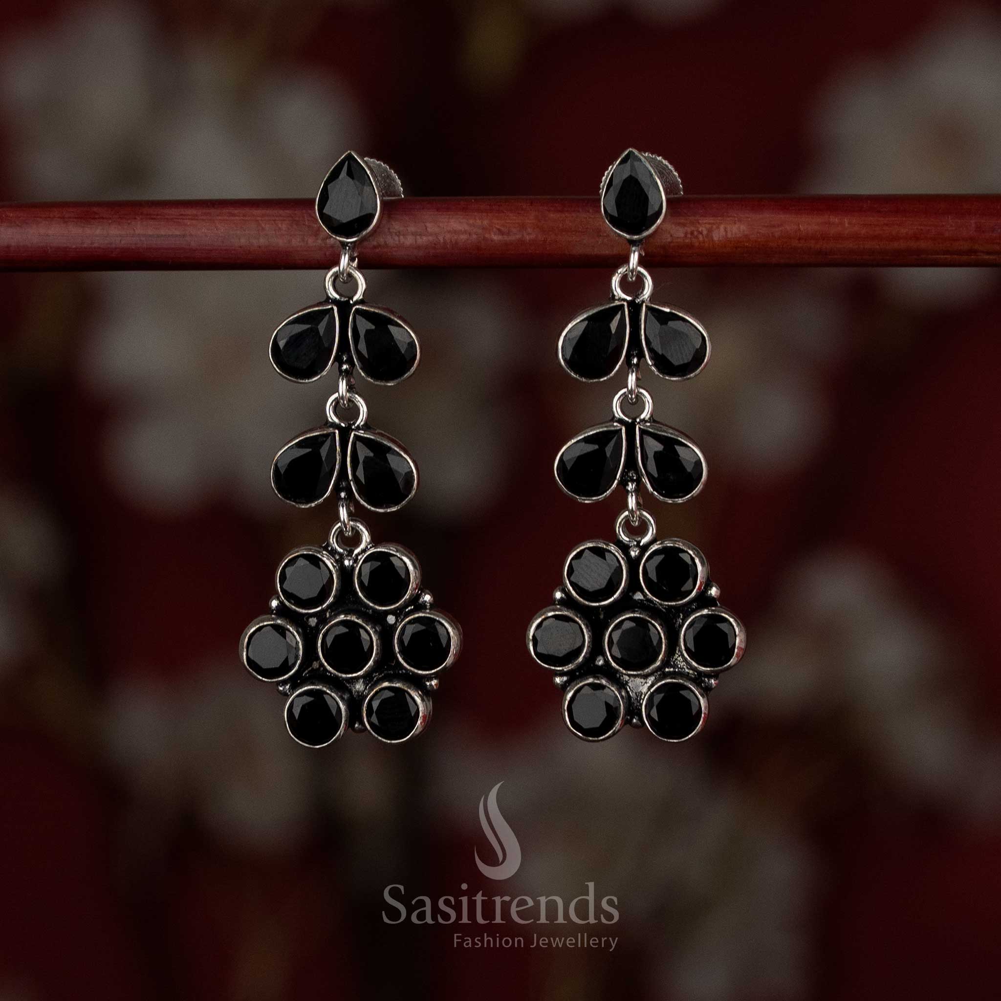 Midnight black oxidised layered floral earrings perfect for sleek everyday outfits – Sasitrends