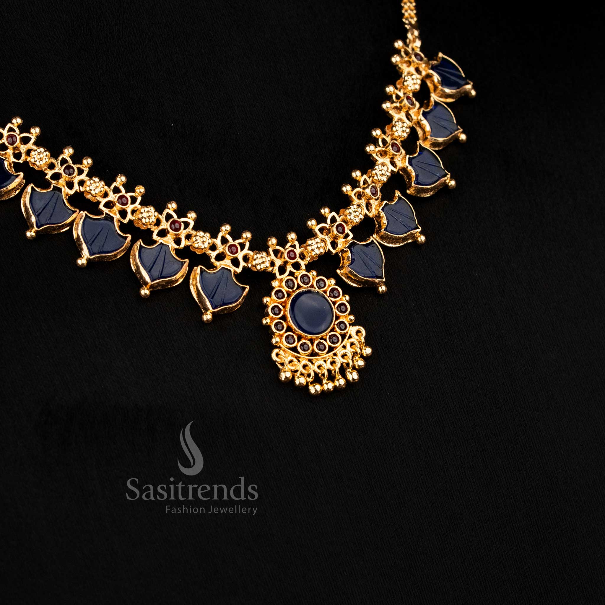 Heritage blue gold plated Palakka Lakshmi ornate necklace, elegant jewellery for festive occasions - Sasitrends