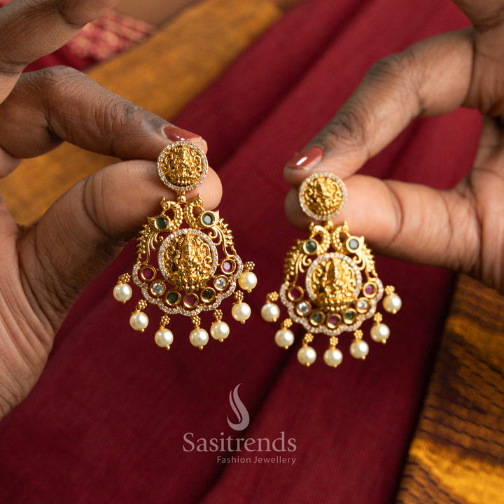 Premium Temple Matte Gold Plated Lakshmi Pendant Earrings Jewellery Set with AD Stones, Pearl Droppings and Round Lakshmi Coin Motifs – Bridal Temple Jewellery on Model Sasitrends