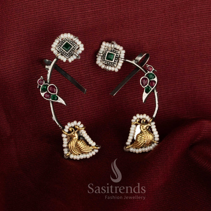 Sacred fusion oxidised silver dual tone ruby green peacock stone ear cuffs with cultural splendour jewellery - Sasitrends