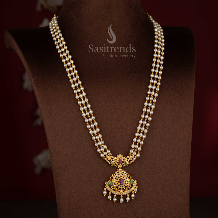 Ancestral splendour temple matte gold plated three layer pearl pendant haram necklace ideal for heritage functions, religious ceremonies, and grand occasions – Sasitrends