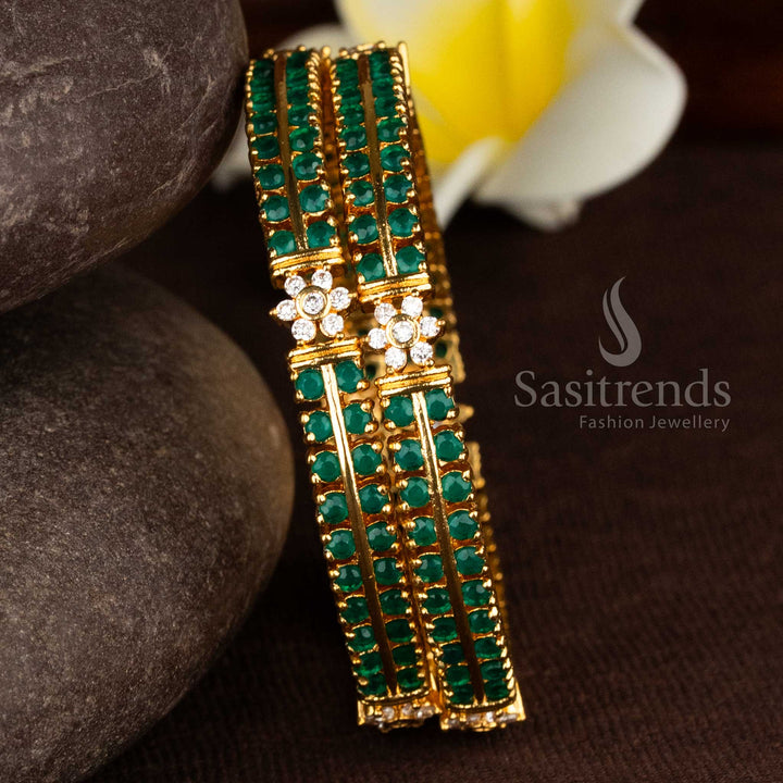Refined traditional green white micro gold plated floral AD bangles twin line with assured jewellery - Sasitrends