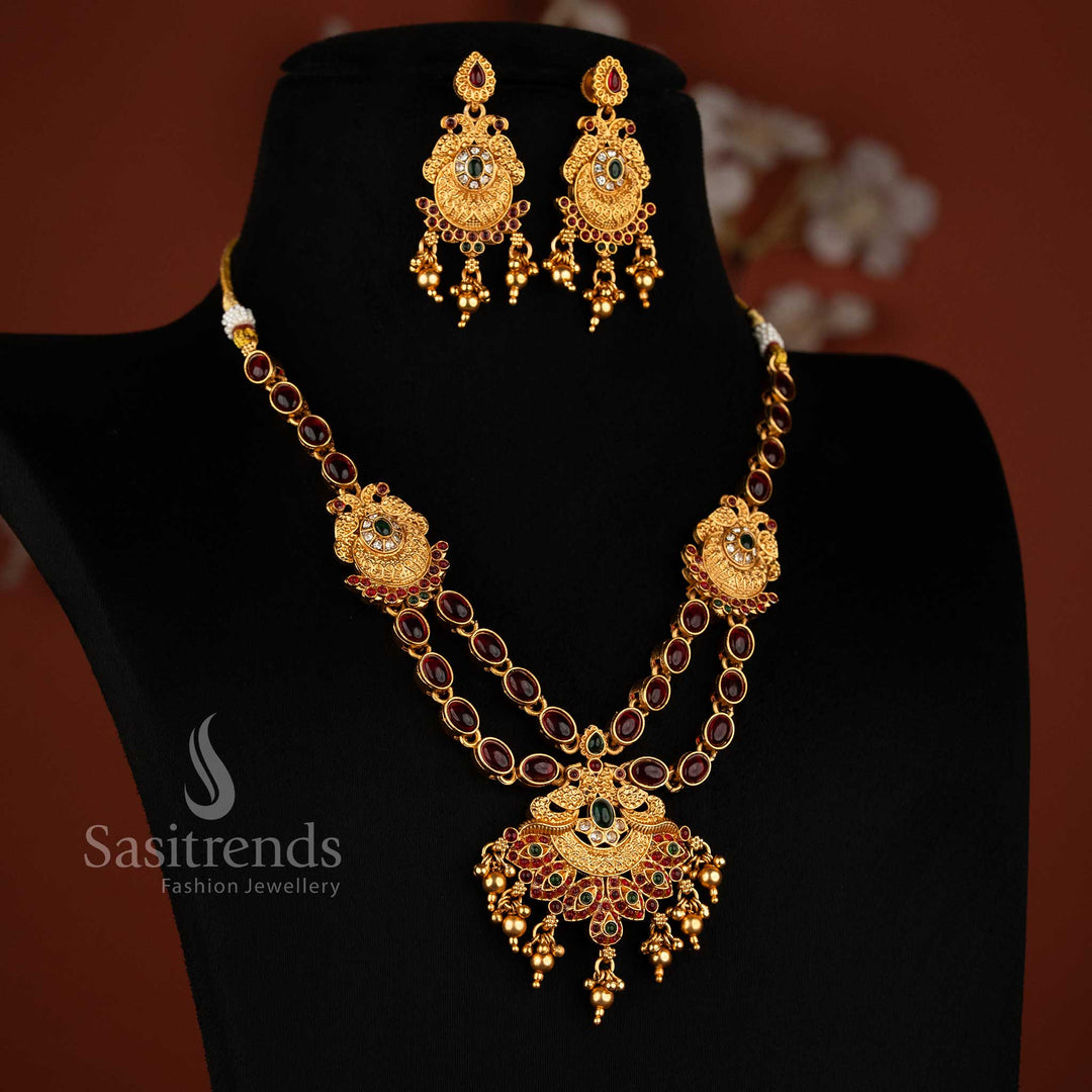 Classic matte gold plated dual peacock necklace set with oval and teardrop stones, golden beads in multi colours, perfect for festive and ethnic wear jewellery – Sasitrends