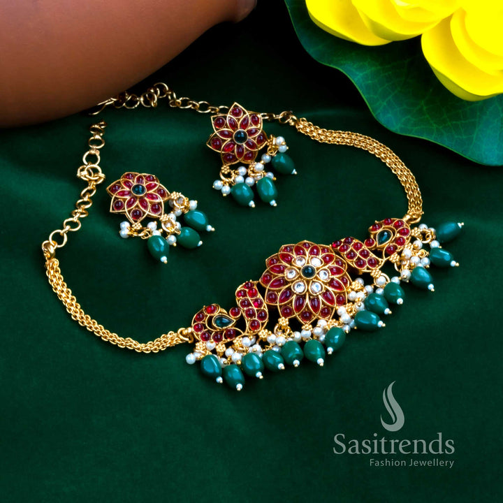 Emeraldwoven classic matte gold plated choker jewellery set detailed with green beads, pearl accents, stone studded flower styling and peacock patterns for refined special event wear – Sasitrends