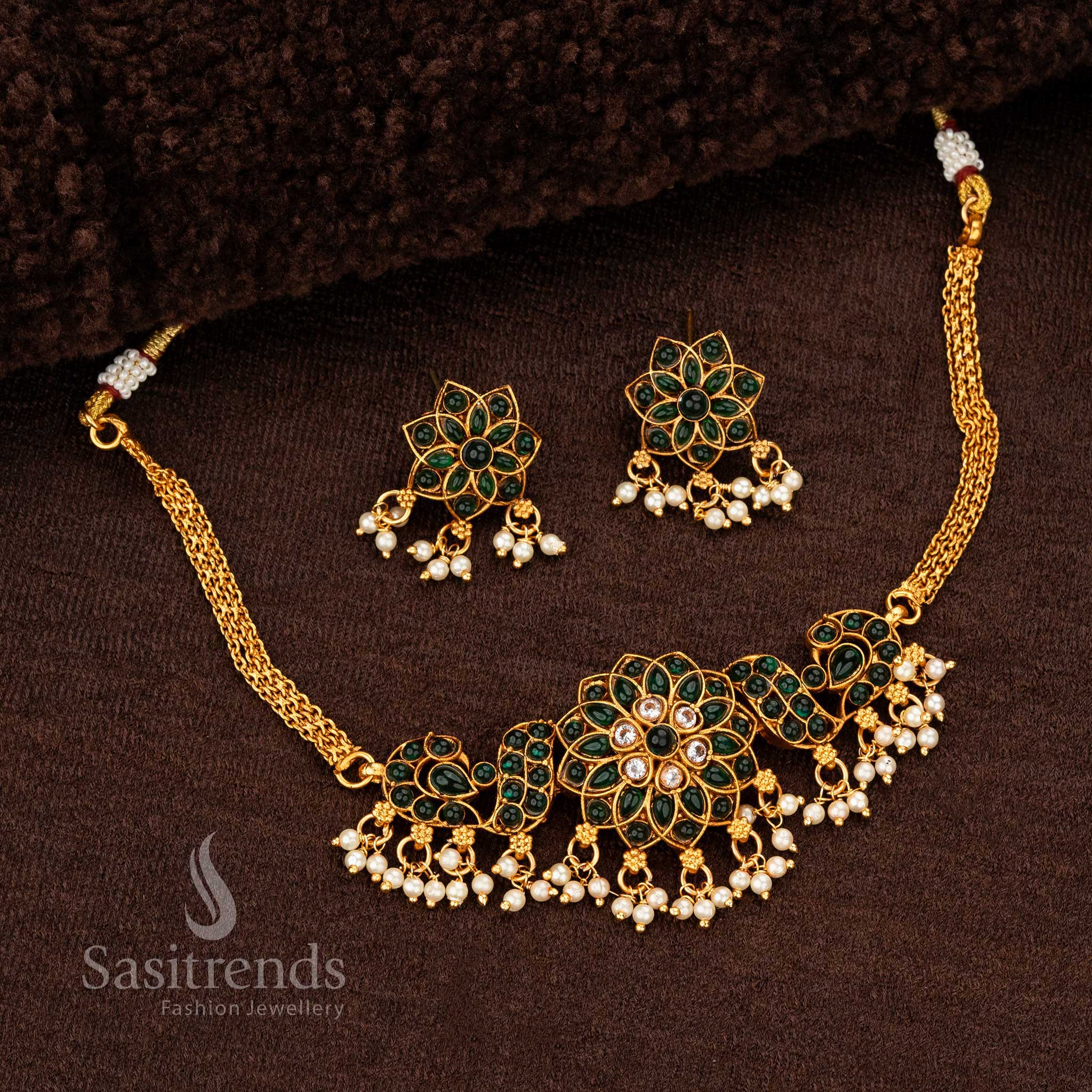 Verdantlume classic matte gold plated green pearl choker jewellery set crafted with stone studded flower motifs and peacock pattern work for standout special events – Sasitrends
