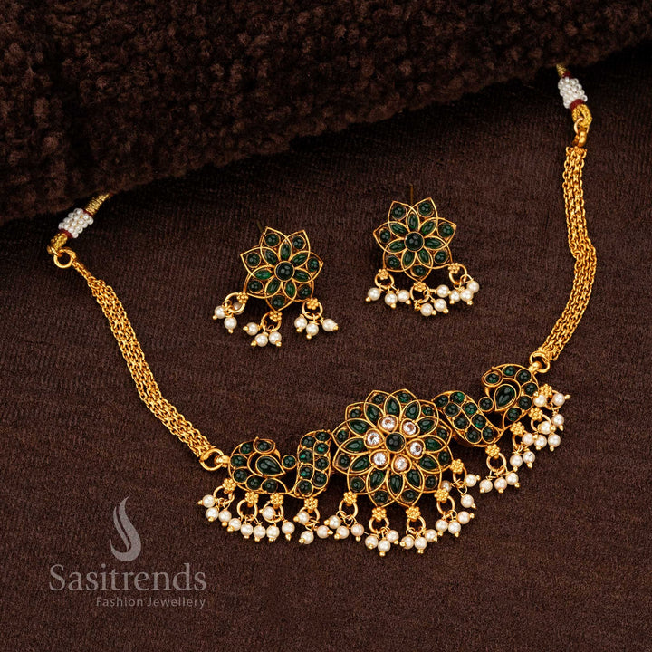 Verdantlume classic matte gold plated green pearl choker jewellery set crafted with stone studded flower motifs and peacock pattern work for standout special events – Sasitrends
