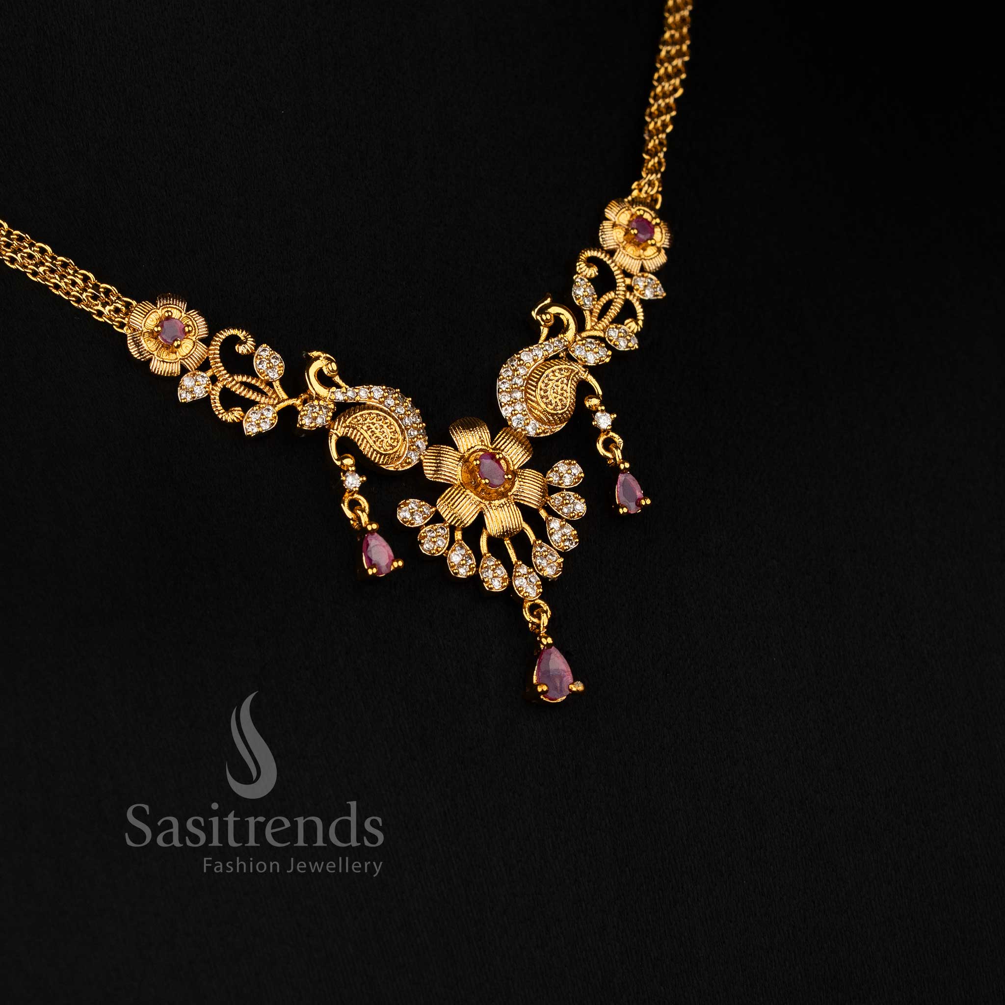 Elegant white ruby peacock necklace displaying decorative stone highlights ideal for celebrations and graceful Jewellery - Sasitrends