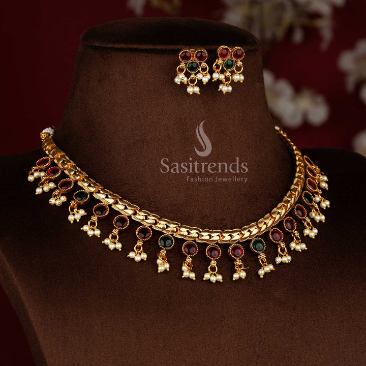 Classic matte gold plated temple necklace with ruby green round stone pendant and pearl drops for saree and ethnic styling - Sasitrends
