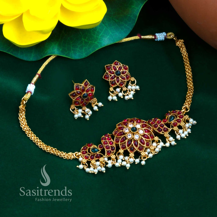 Ivoryglint classic matte gold plated white pearl choker jewellery set featuring stone enriched floral elements and peacock inspired detailing for graceful occasion styling – Sasitrends