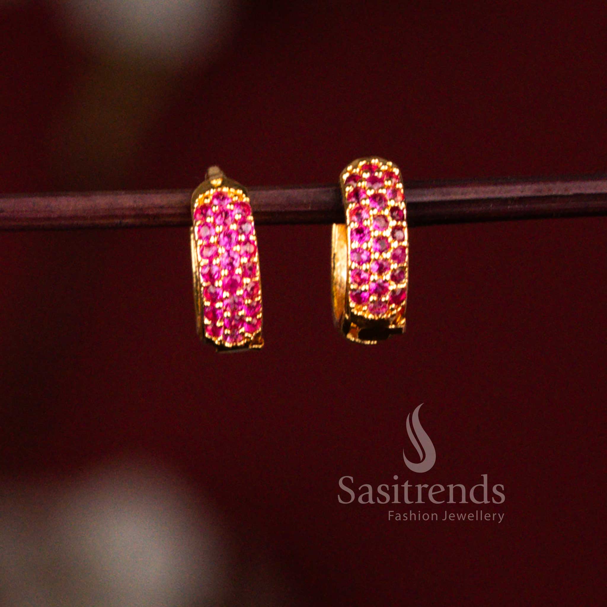 Premium guaranteed micro gold plated AD ring style hinged stud earrings in rich ruby shade suitable for festive traditional celebrations – Sasitrends
