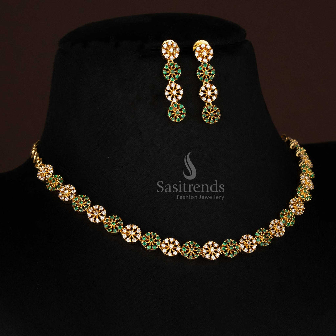 Gorgeous white and green floral round American diamond necklace and earrings set with micro gold plating, traditional jewellery that mimics the richness of real gold – Sasitrends