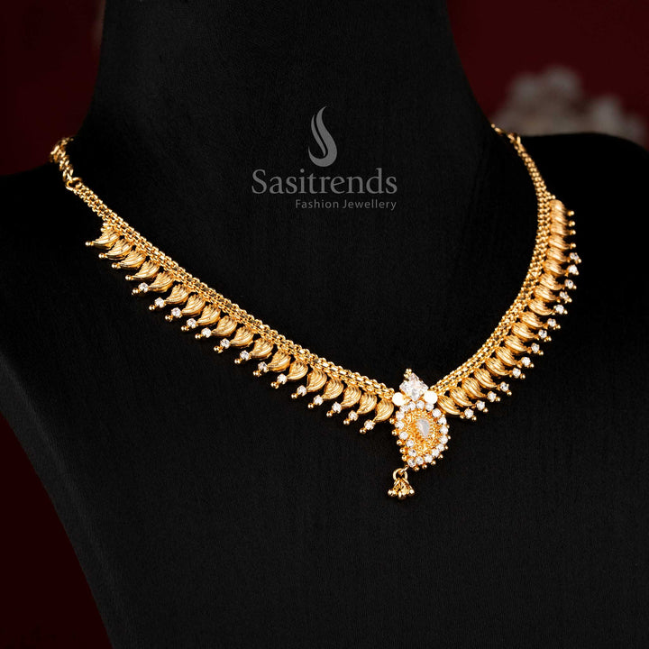 Stylish micro gold plated white leaf fringe necklace with AD stone sparkle, beautiful jewellery for party wear – Sasitrends