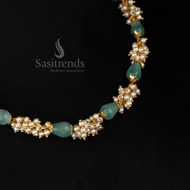 Heritage inspired micro gold plated mint beads pearl cluster mala necklace suitable for cultural festivals and ethnic coordination-Sasitrends